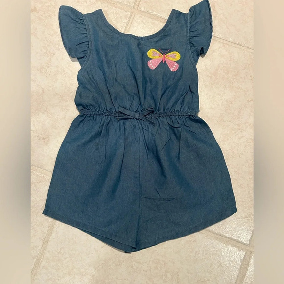 Picapino Girls Blue Chambray Denim Butterfly Romper Size 5 - Picture 2 of 4